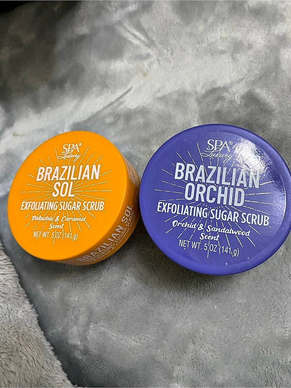 SPA Luxury Brazilian Sol & Brazilian Orchid Sugar Scrub Duo Orange & Purple NWT - Picture 4 of 5